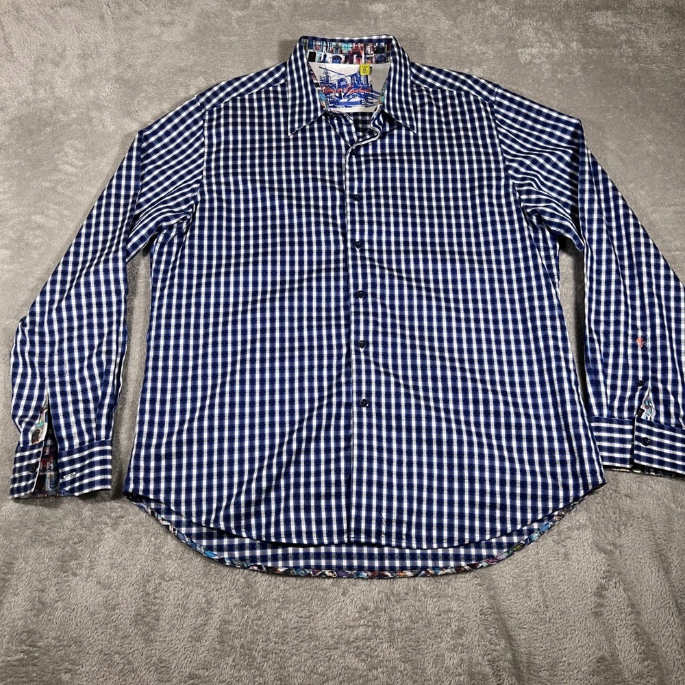 Robert Graham Shirt Mens XL Blue Check Plaid Button Down Flip Cuff Long Sleeve